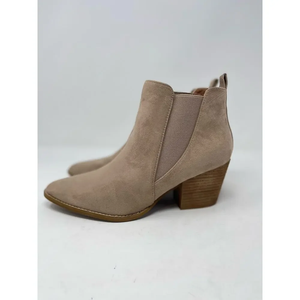 Beast Fashion James II Heeled Taupe Faux‎ Suede Slip On Almond Toe Ankle Boot